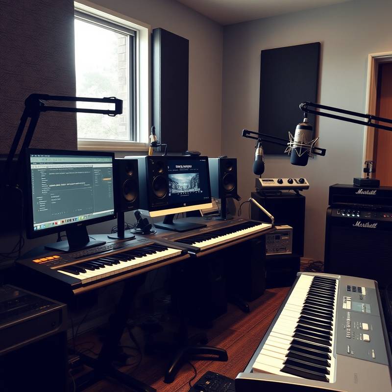 Et studie med musikudstyr, inklusive en computer, keyboard og mikrofoner