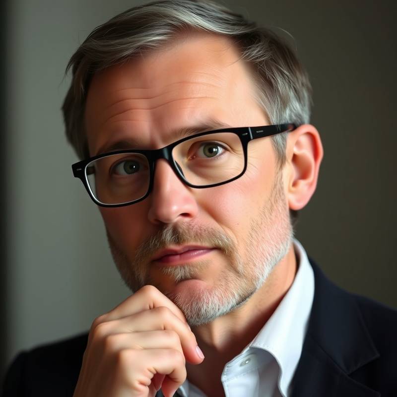 Portræt af Lars Christensen, instruktør i musikteori med et roligt og eftertænksomt udseende